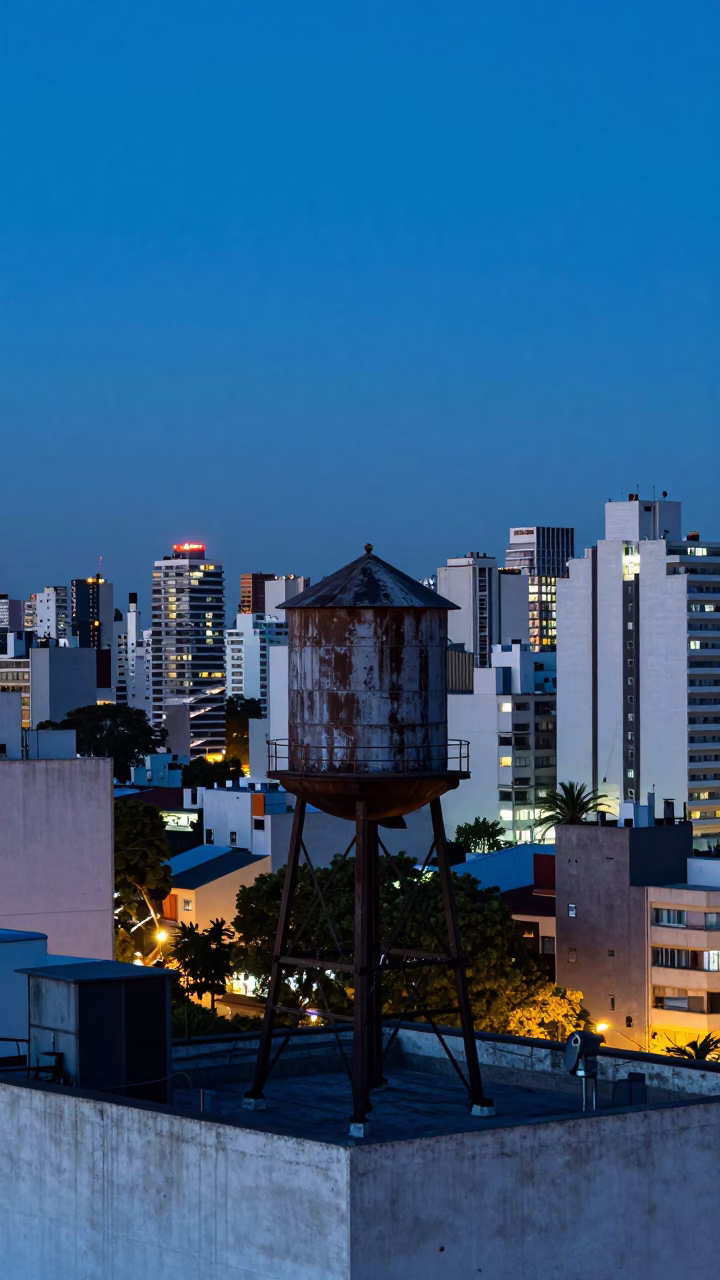 Buenos Aires Blue Hour Rooftop Water Tower and City Lights in in Buenos Aires, Argentina