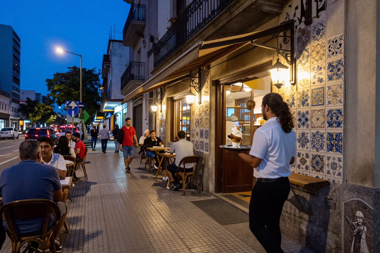Buenos Aires Blue Hour Street Scene with Ceramic Tiles and Affogato in in Buenos Aires, Argentina