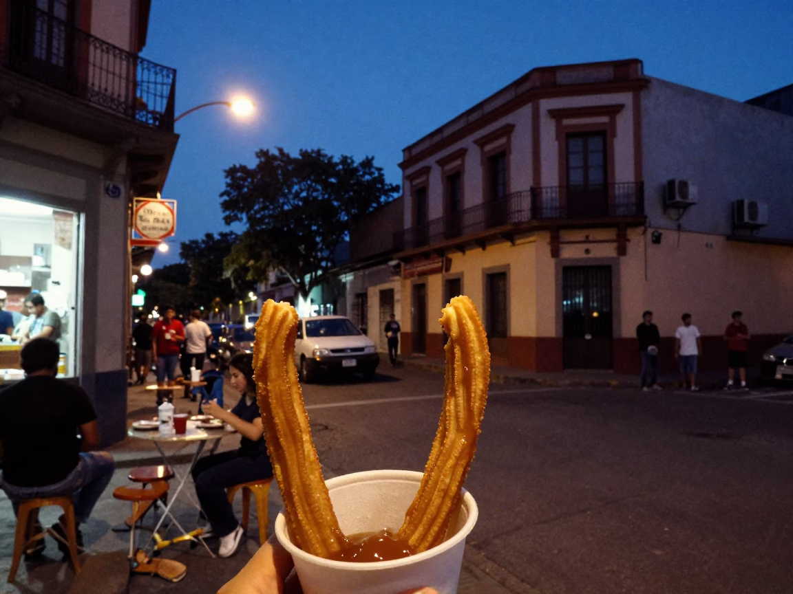Buenos Aires Blue Hour Street Scene with Churros and Dulce de Leche in in Buenos Aires, Argentina