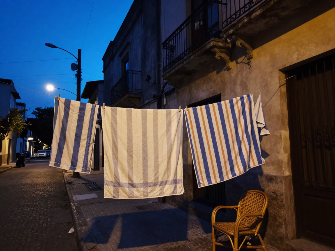 Buenos Aires Blue Hour Street Scene with Drying Towels and Rattan Chair in in Buenos Aires, Argentina