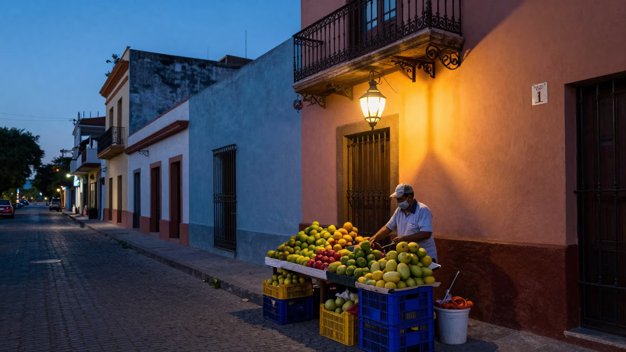 Buenos Aires Blue Hour Street Scene with Lantern and Fruit Crate in in Buenos Aires, Argentina