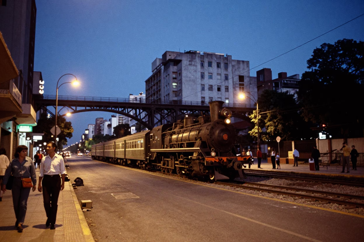 Buenos Aires Blue Hour Street Scene with Railway Viaduct and Steam Train Crossing Arches in in Buenos Aires, Argentina