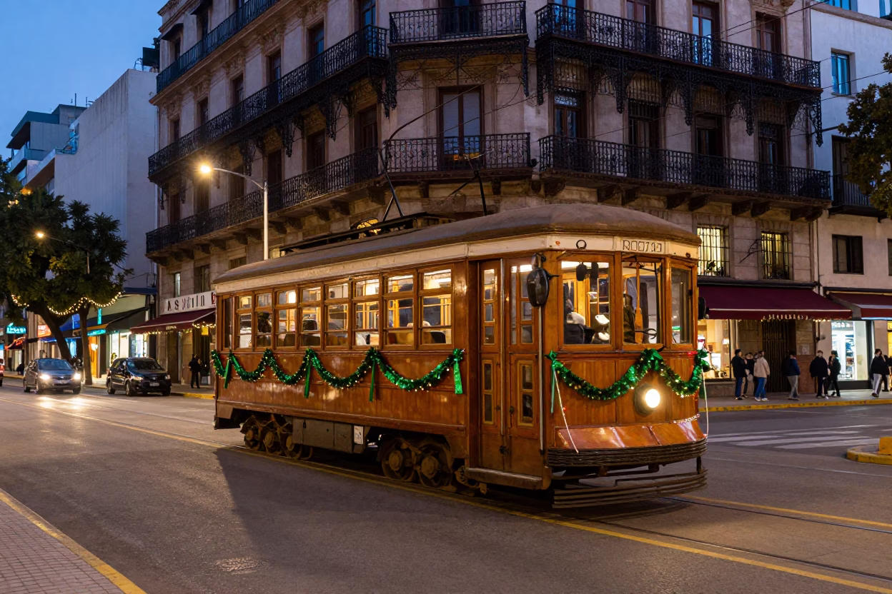 Buenos Aires Blue Hour Street Scene with Tramcar and Christmas Decorations in in Buenos Aires, Argentina