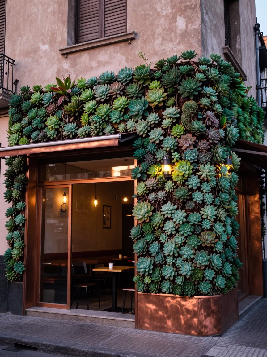 Buenos Aires Cafe Exterior with Living Succulent Wall in Copper Dusk Light in in Buenos Aires, Argentina