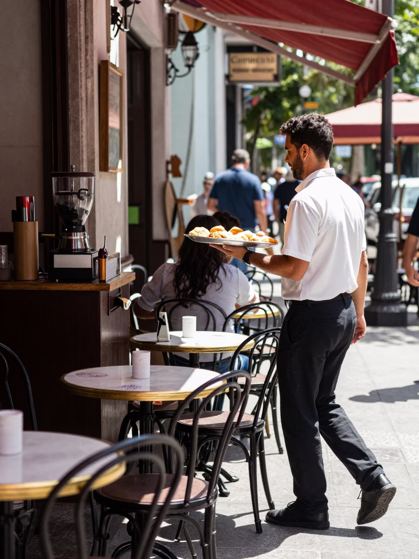 Buenos Aires Cafe Street Scene with Coffee Grinder and Serving Platter in Midmorning Light in in Buenos Aires, Argentina