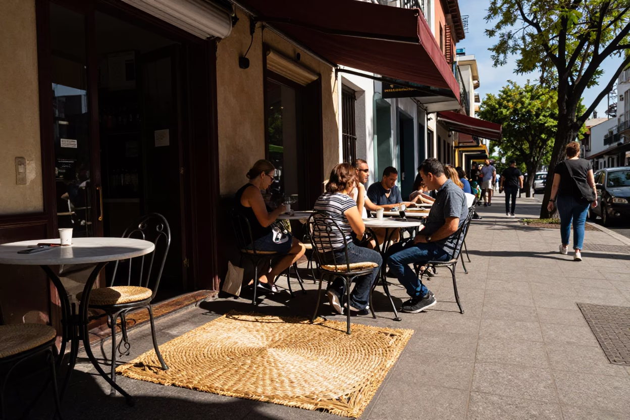 Buenos Aires Cafe Terrace in Late Afternoon Light with Woven Mats and Drinkers in in Buenos Aires, Argentina