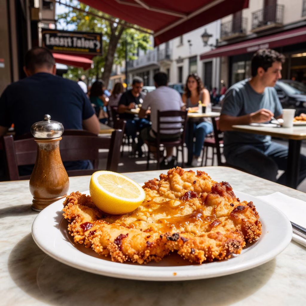 Buenos Aires Café Terrace Lunch with Schnitzel and Pepper Mill in in Buenos Aires, Argentina