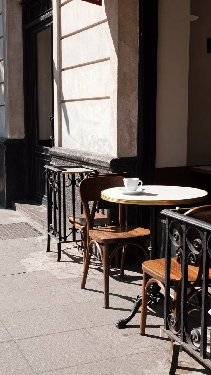 Buenos Aires Cafe Terrace Sunlight and Coffee Cup in Bright Morning Light in in Buenos Aires, Argentina