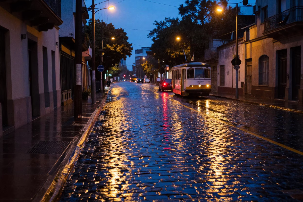 Buenos Aires Cobblestone Street at Blue Hour with Tram Reflections and Rain in in Buenos Aires, Argentina