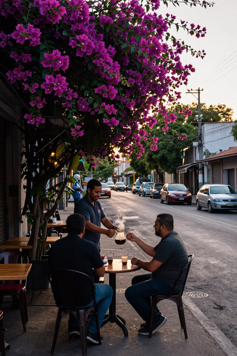 Buenos Aires Dawn Street Scene with Bougainvillea and Morning Coffee in in Buenos Aires, Argentina