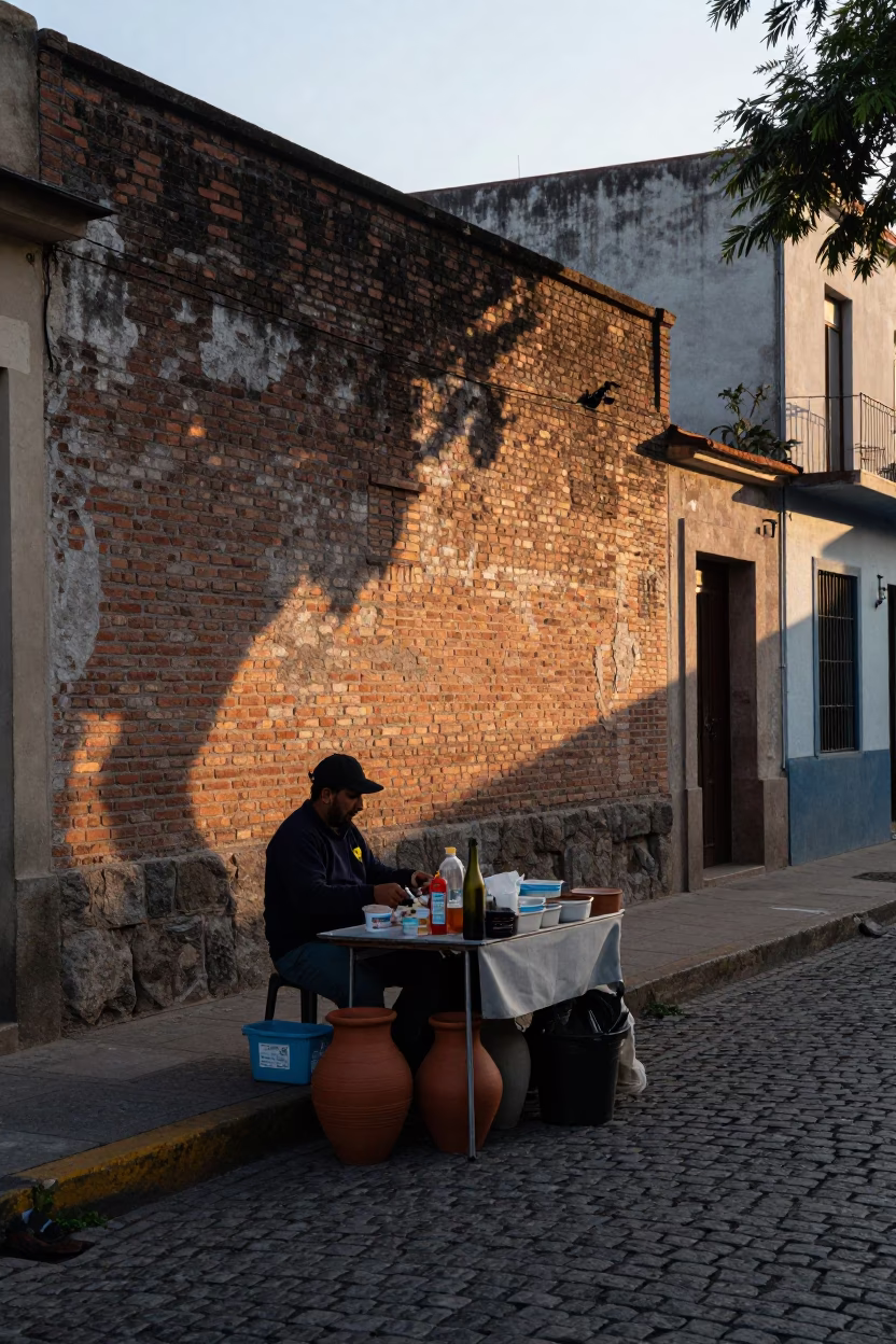 Buenos Aires Dawn Street Scene with Clay Pot and Bottle Brush in in Buenos Aires, Argentina