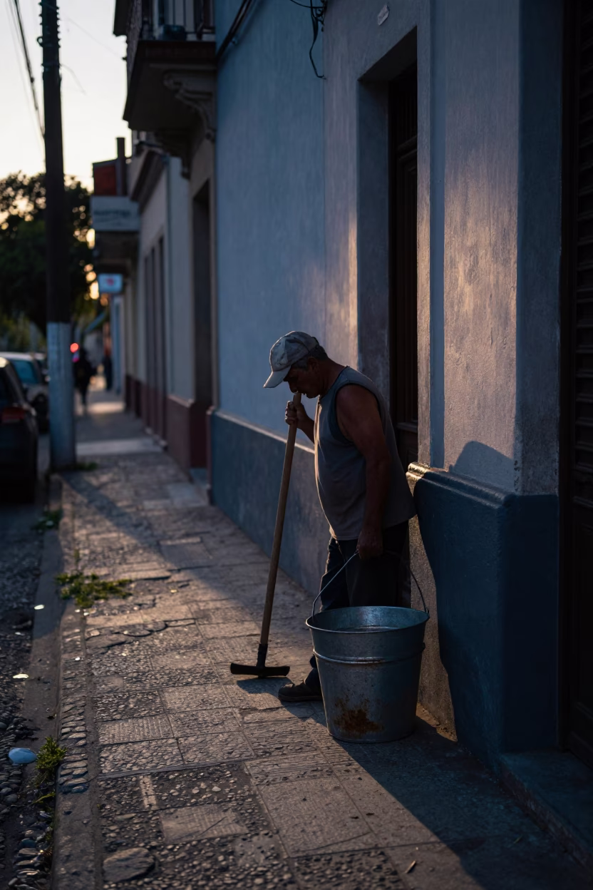 Buenos Aires dawn street scene with metal bucket and hoe on cobblestone sidewalk in in Buenos Aires, Argentina