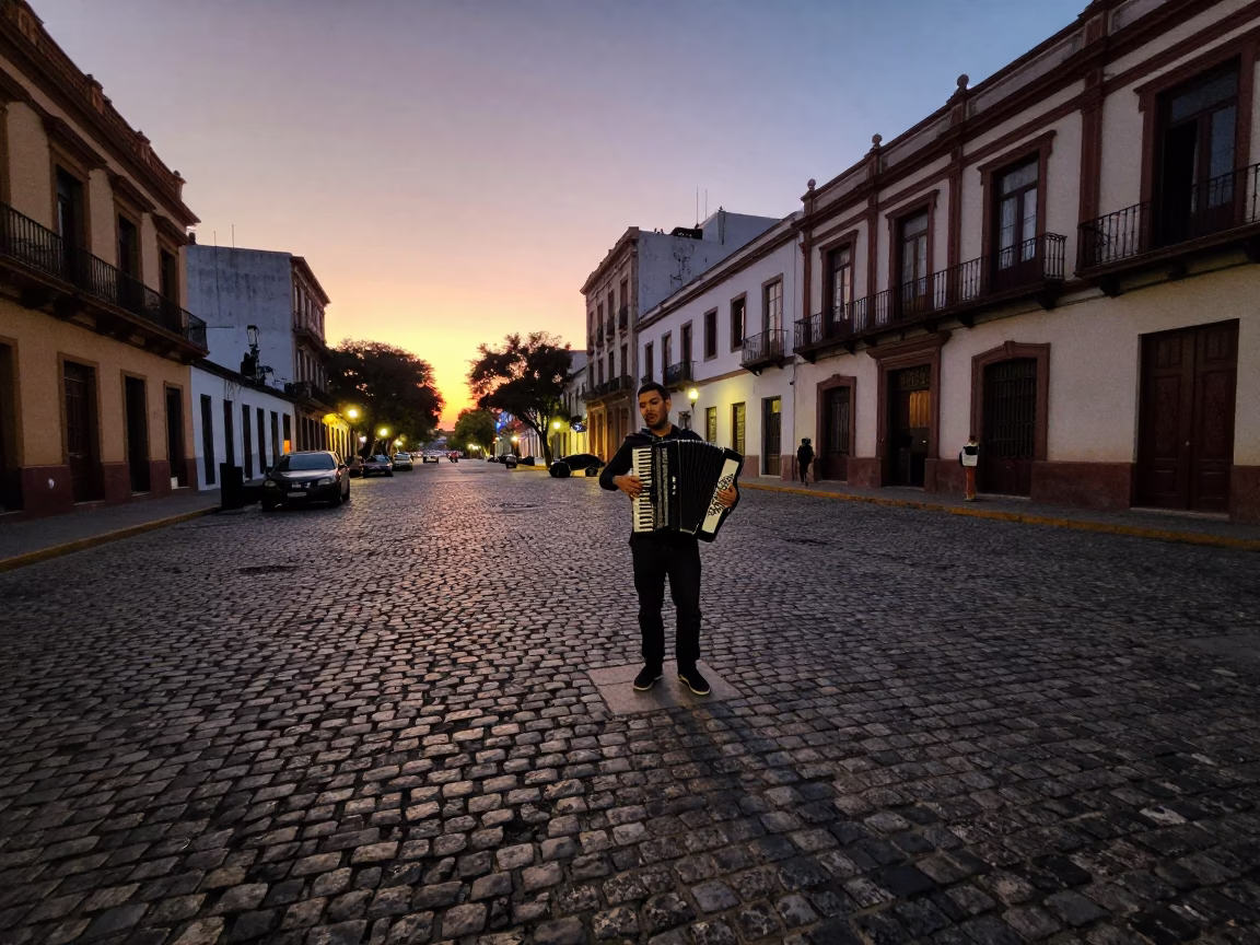 Buenos Aires Dusk Street Scene with Accordion Player and Cobblestone Plaza in in Buenos Aires, Argentina