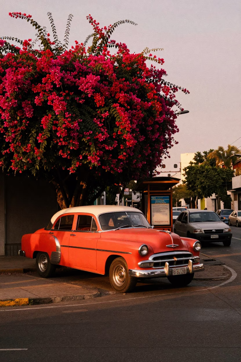 Buenos Aires Dusk Street Scene with Bougainvillea and Vintage Cars in in Buenos Aires, Argentina