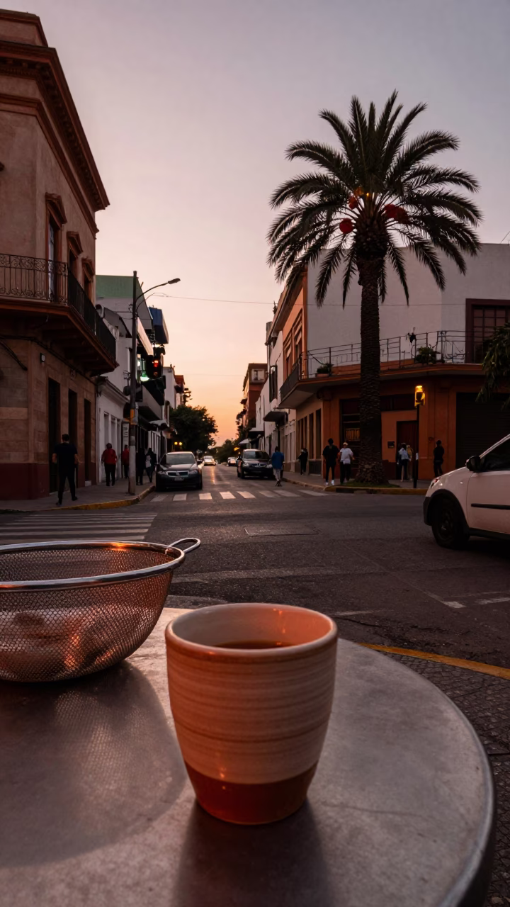 Buenos Aires Dusk Street Scene with Ceramic Cup and Palm Silhouette in in Buenos Aires, Argentina