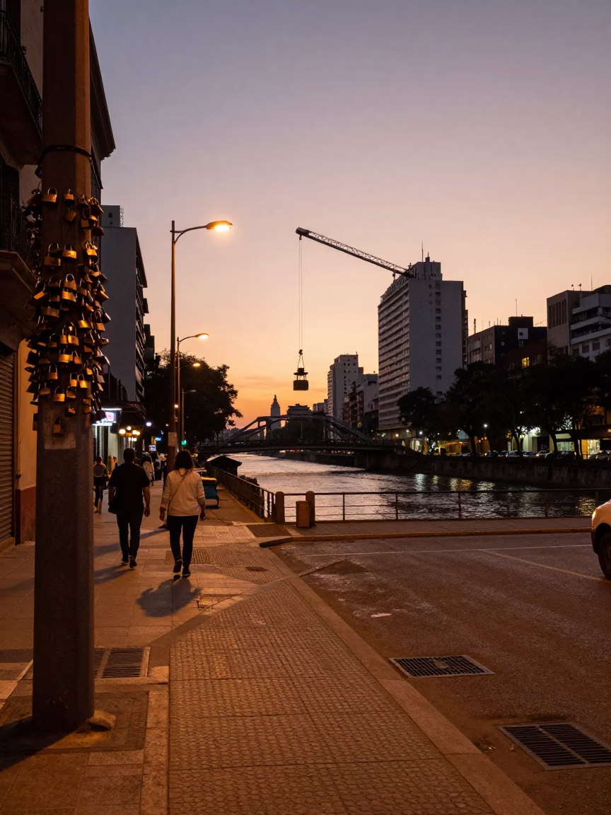 Buenos Aires Dusk Street Scene with Padlock and River Bridge Maintenance in in Buenos Aires, Argentina