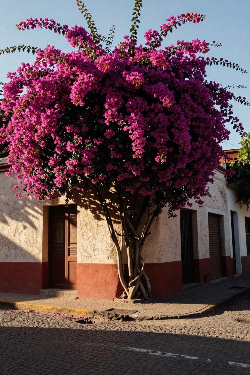 Buenos Aires Early Afternoon Street Scene with Bougainvillea and Vintage Details in in Buenos Aires, Argentina