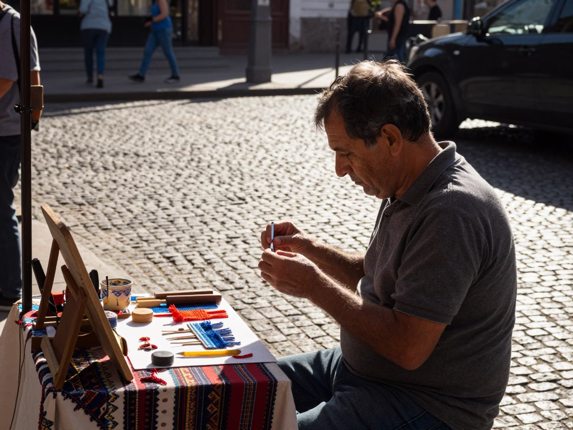 Buenos Aires Early Afternoon Street Scene with Local Artisan and Traditional Broom in in Buenos Aires, Argentina
