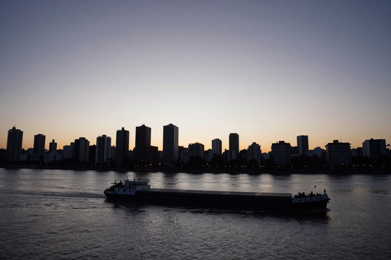 Buenos Aires Early Evening Skyline and Harbor Barge Landscape in in Buenos Aires, Argentina