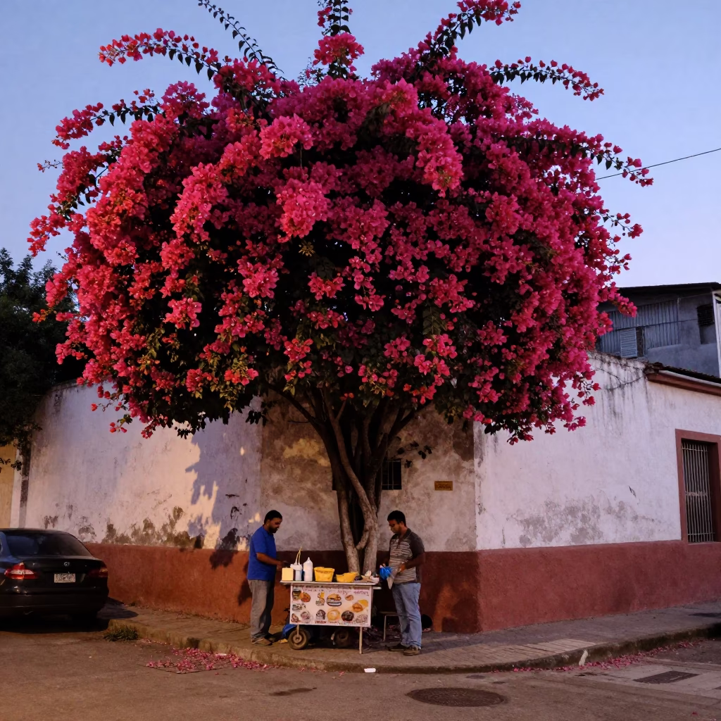 Buenos Aires Early Evening Street Scene with Bougainvillea and Local Life in in Buenos Aires, Argentina