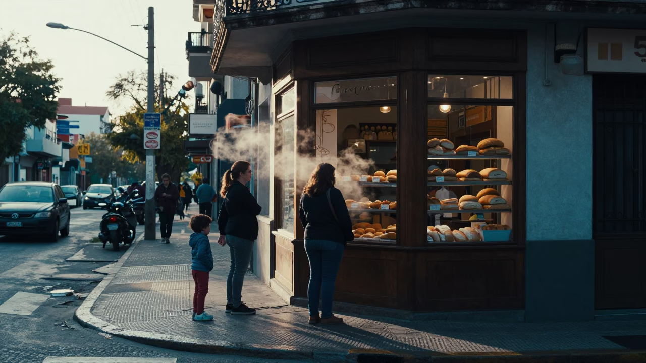 Buenos Aires early morning street scene with woman and child in in Buenos Aires, Argentina