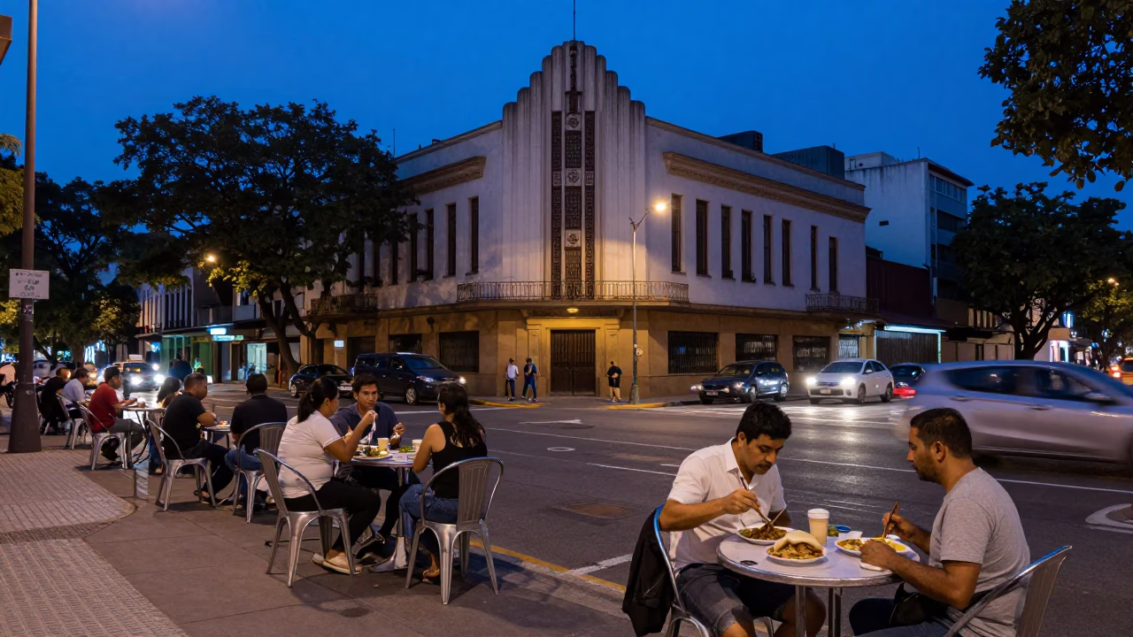 Buenos Aires Evening Street Scene with Art Deco Facade and Local Dining in in Buenos Aires, Argentina