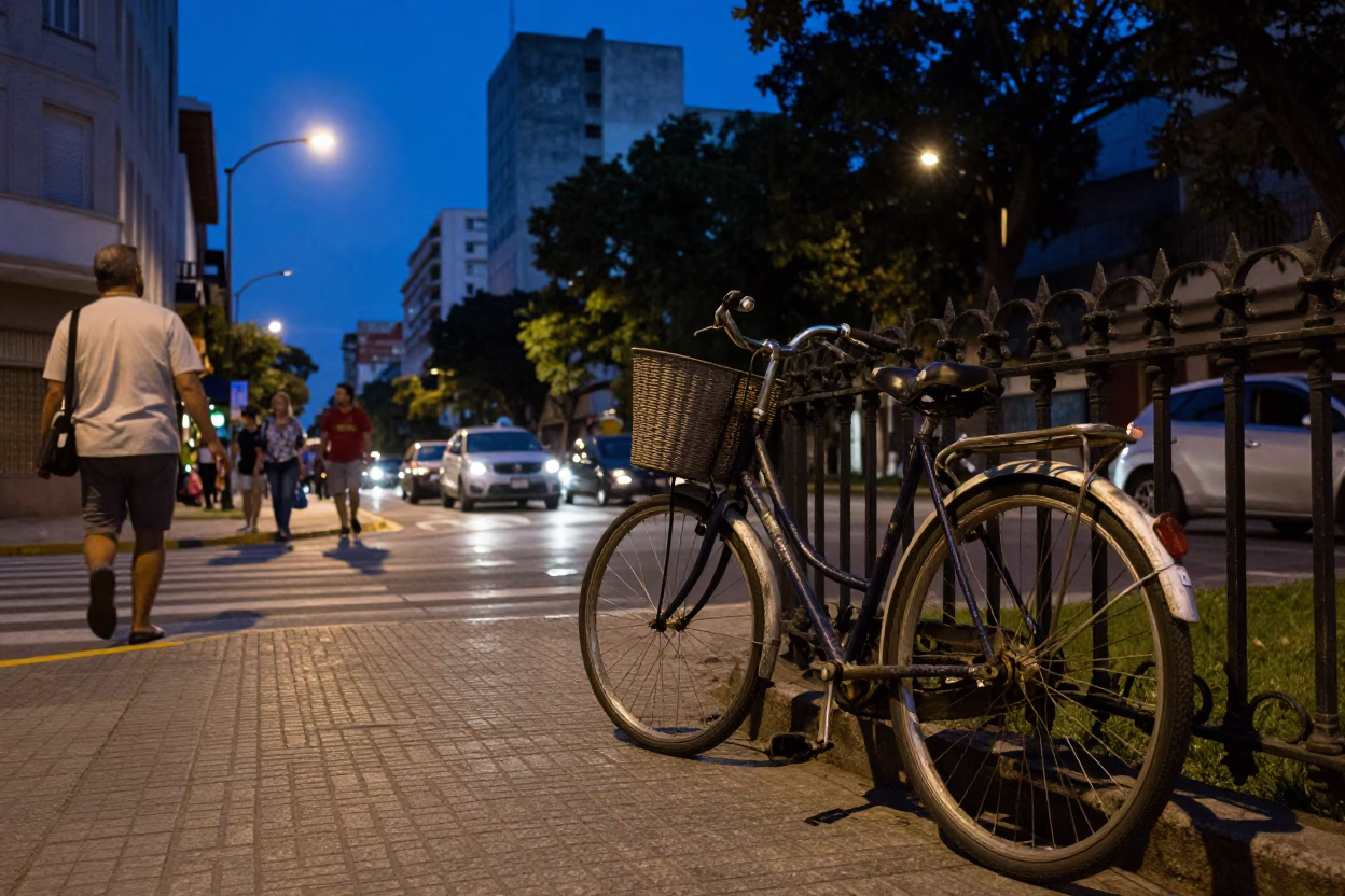 Buenos Aires Evening Street Scene with Bicycle Basket and Urban Life in in Buenos Aires, Argentina