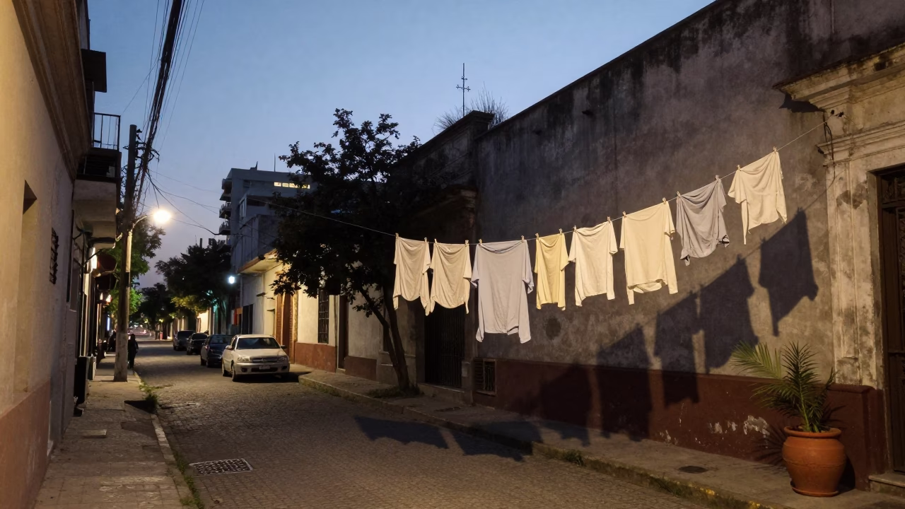 Buenos Aires Evening Street Scene with Clothesline and Terracotta Pot in in Buenos Aires, Argentina