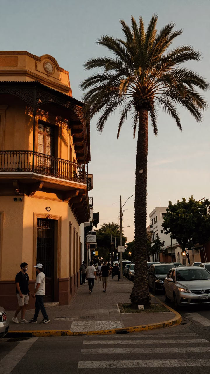Buenos Aires evening street scene with date palm and vintage architecture in in Buenos Aires, Argentina