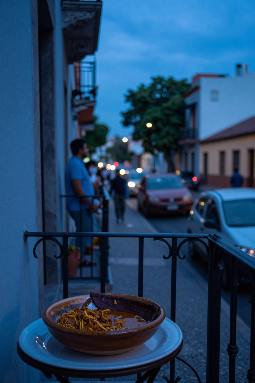 Buenos Aires Evening Street Scene with Doro Wat and Injera on Balcony in in Buenos Aires, Argentina