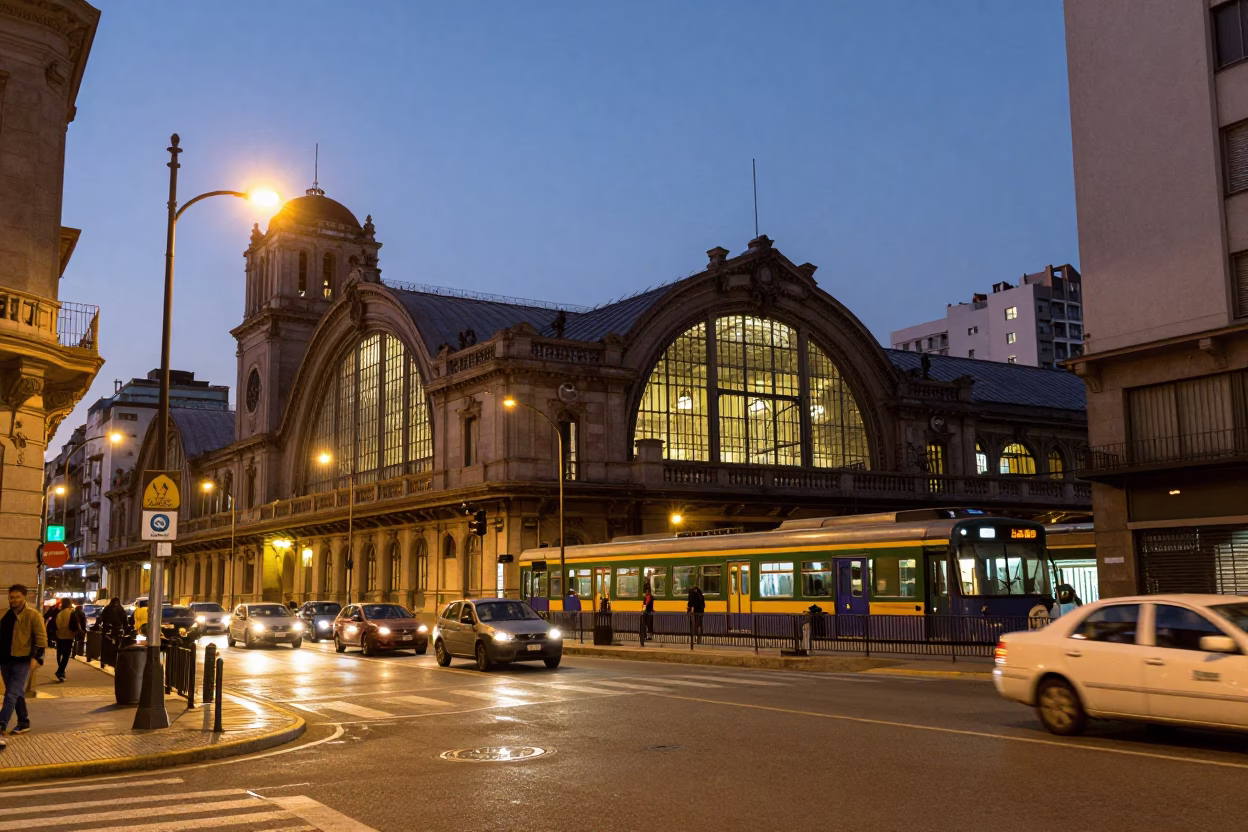 Buenos Aires Evening Street Scene with Heritage Train Station Lights and Urban Activity in in Buenos Aires, Argentina