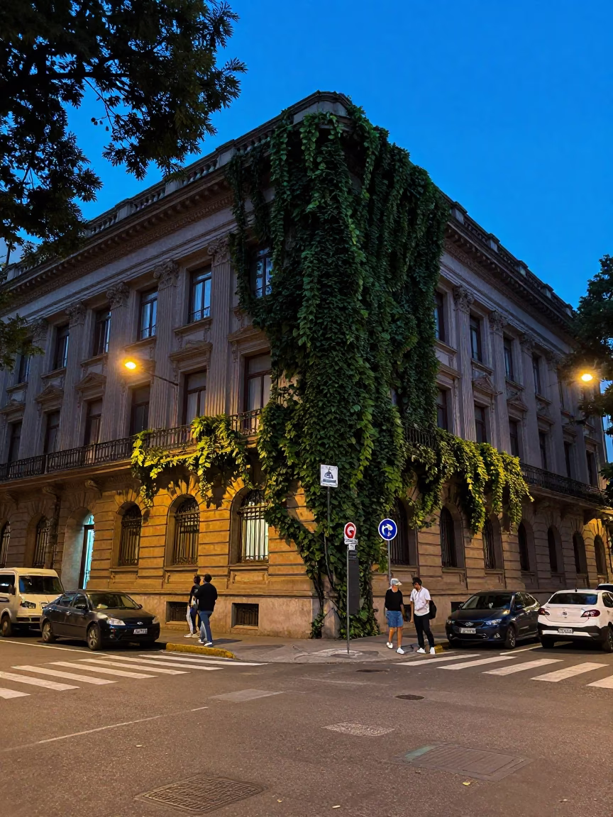 Buenos Aires Evening Street Scene with Ivy Vines and University Archway in in Buenos Aires, Argentina