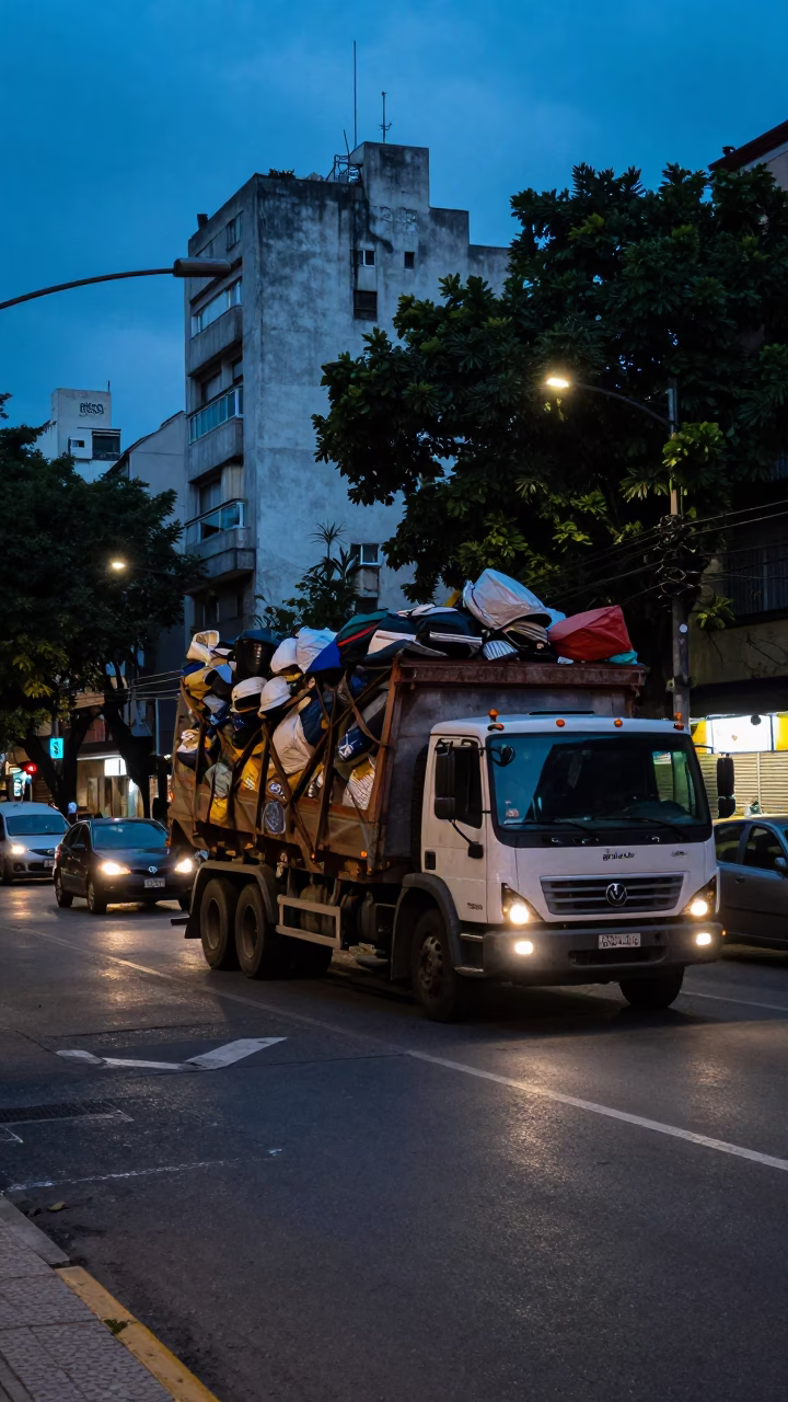 Buenos Aires Evening Street Scene with Overloaded Truck and Urban Activity in in Buenos Aires, Argentina