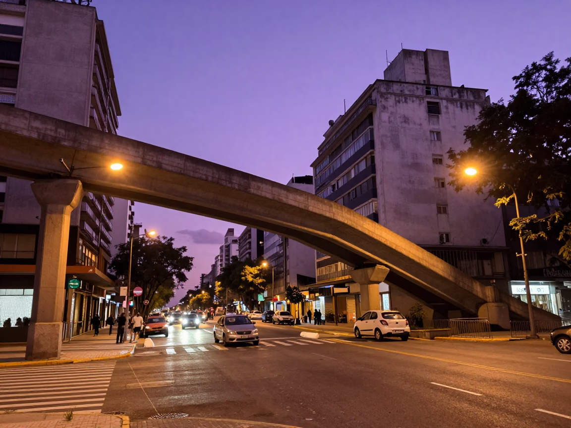 Buenos Aires Evening Street Scene with Overpass Ramp and Violet Sky in in Buenos Aires, Argentina