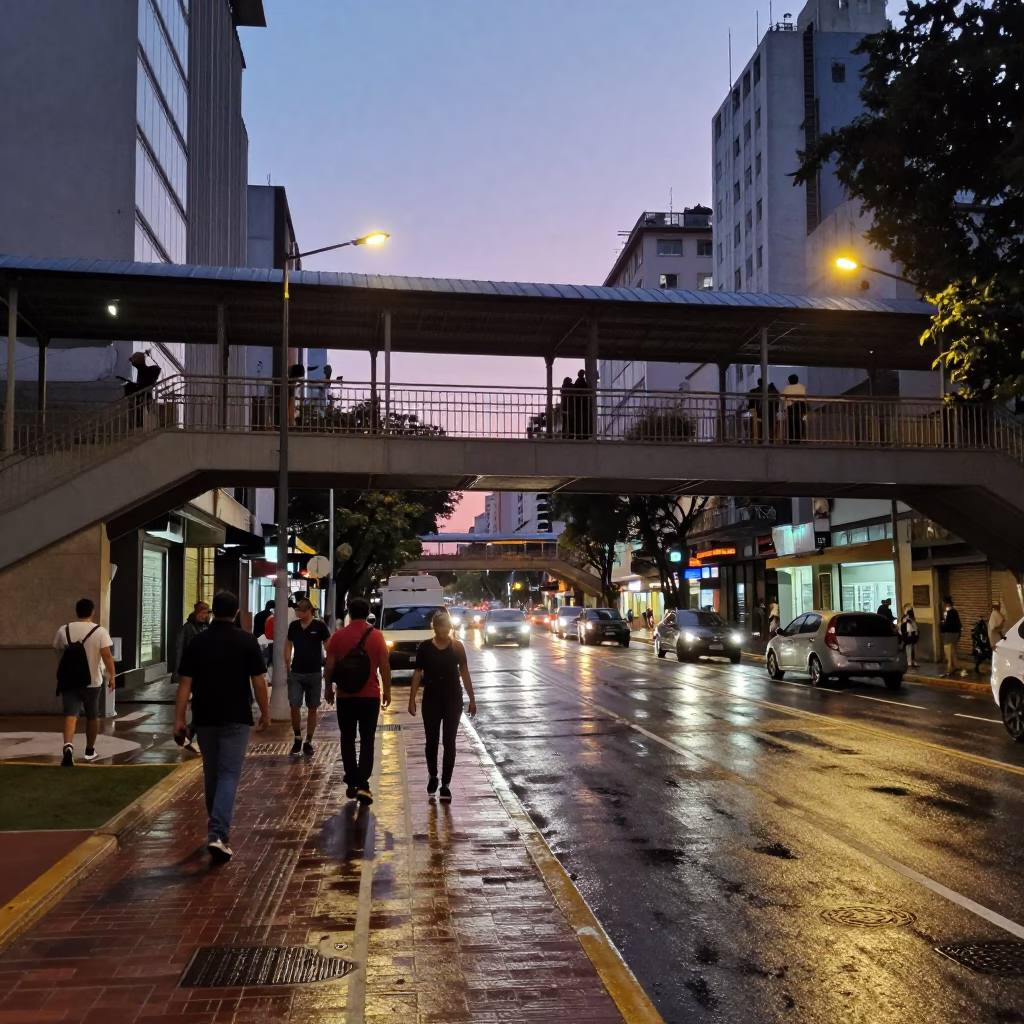 Buenos Aires Evening Street Scene with Pedestrian Overpass and Wet Footsteps at Dusk in in Buenos Aires, Argentina