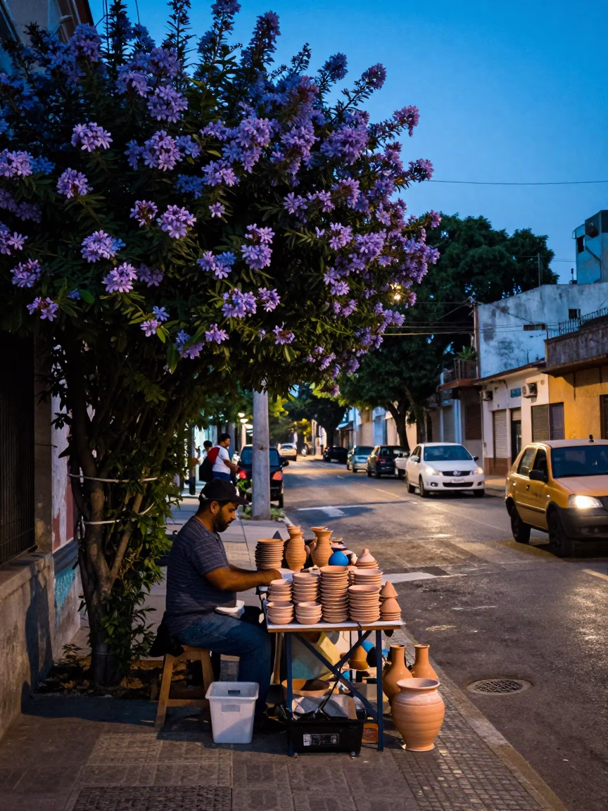 Buenos Aires Evening Street Scene with Plumbago Hedge and Local Interaction in in Buenos Aires, Argentina
