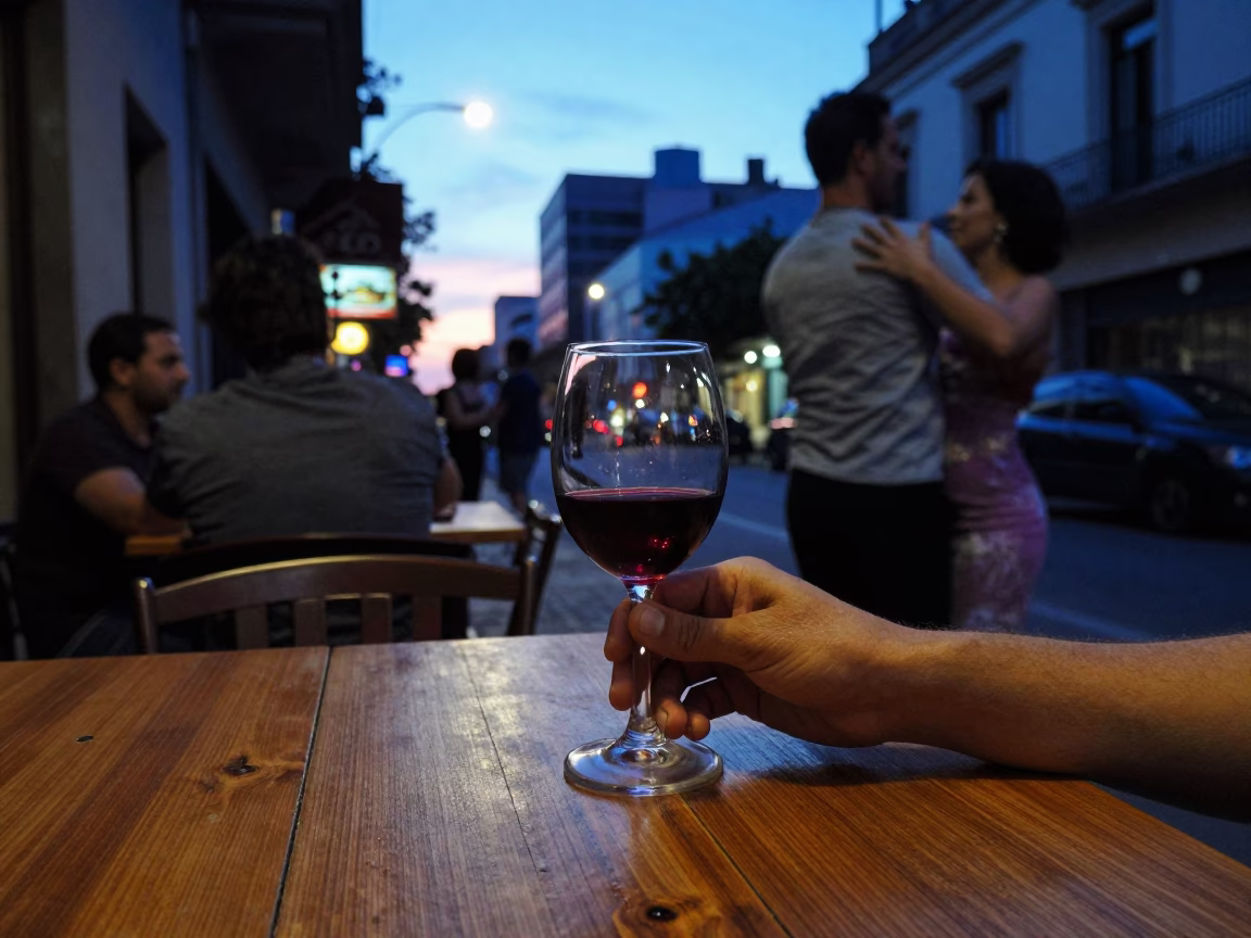 Buenos Aires Evening Tango Cafe Table with Red Wine and Water Rings in in Buenos Aires, Argentina