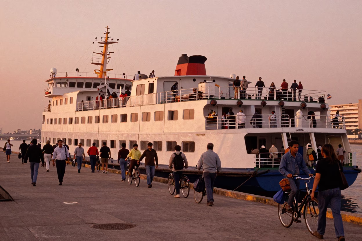 Buenos Aires Ferry Loading Passengers and Bicycles at Dusk in in Buenos Aires, Argentina