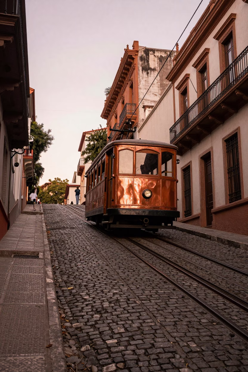 Buenos Aires Funicular Climbing Steep Hill in Copper-Toned Light Before Dusk in in Buenos Aires, Argentina