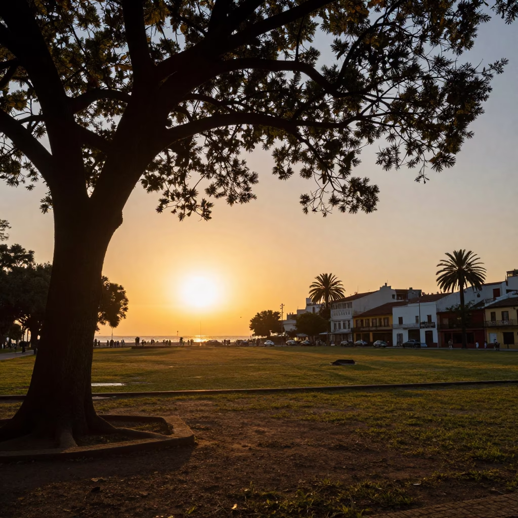 Buenos Aires Golden Hour Landscape Horizon Shot with Fig Tree and Local Street Scene in in Buenos Aires, Argentina