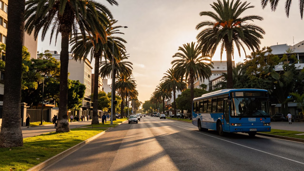 Buenos Aires Golden Hour Palm Tree Avenue and Classic Bus on Recoleta Boulevard in in Buenos Aires, Argentina