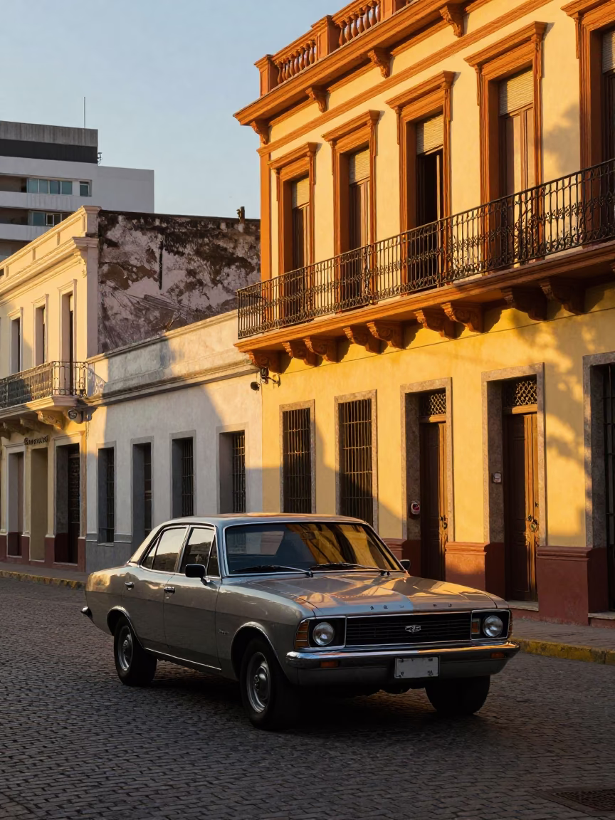 Buenos Aires Golden Hour Street Scene with Classic Car and Urban Details in in Buenos Aires, Argentina