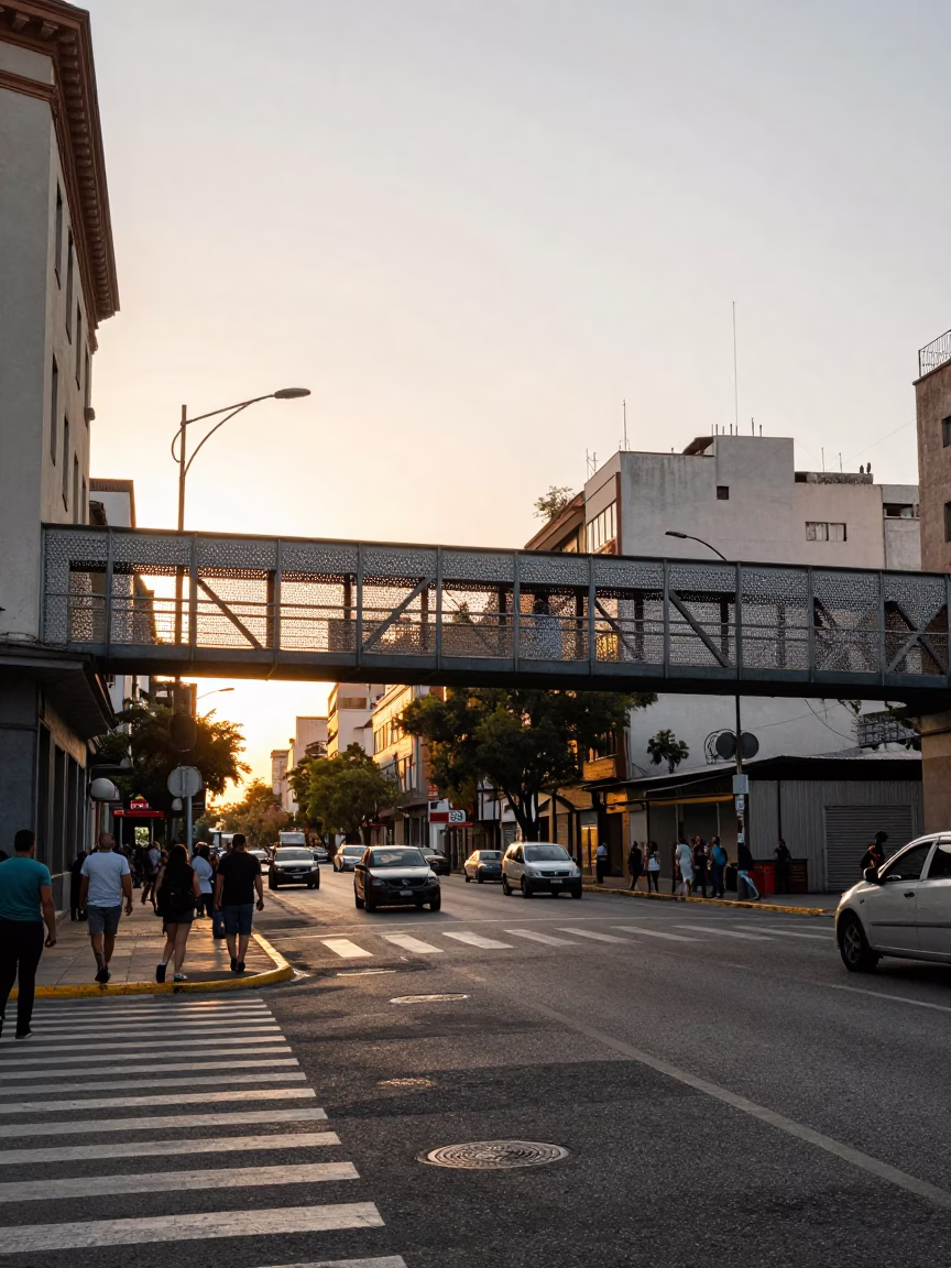 Buenos Aires Golden Hour Street Scene with Pedestrian Overpass and Local Activity in in Buenos Aires, Argentina
