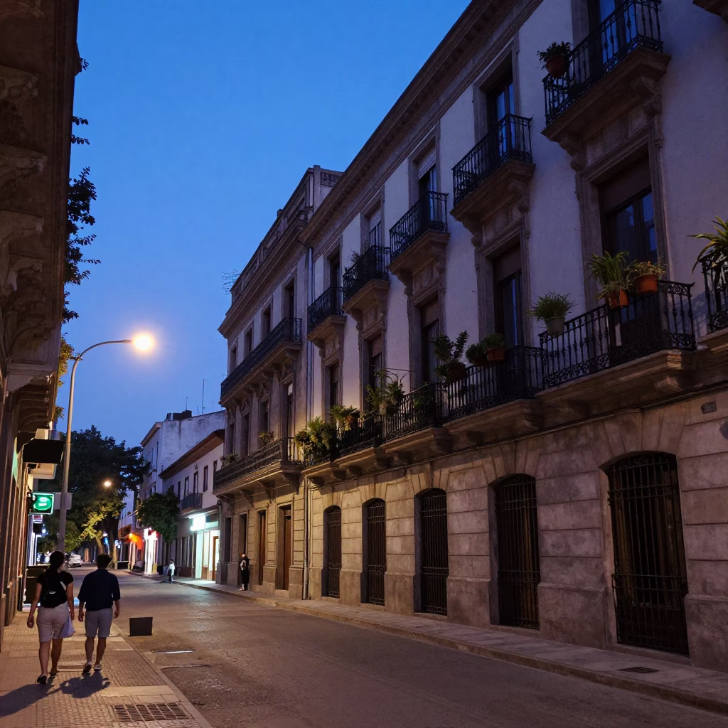 Buenos Aires indigo twilight street scene with balcony plant pots and cardigans in in Buenos Aires, Argentina