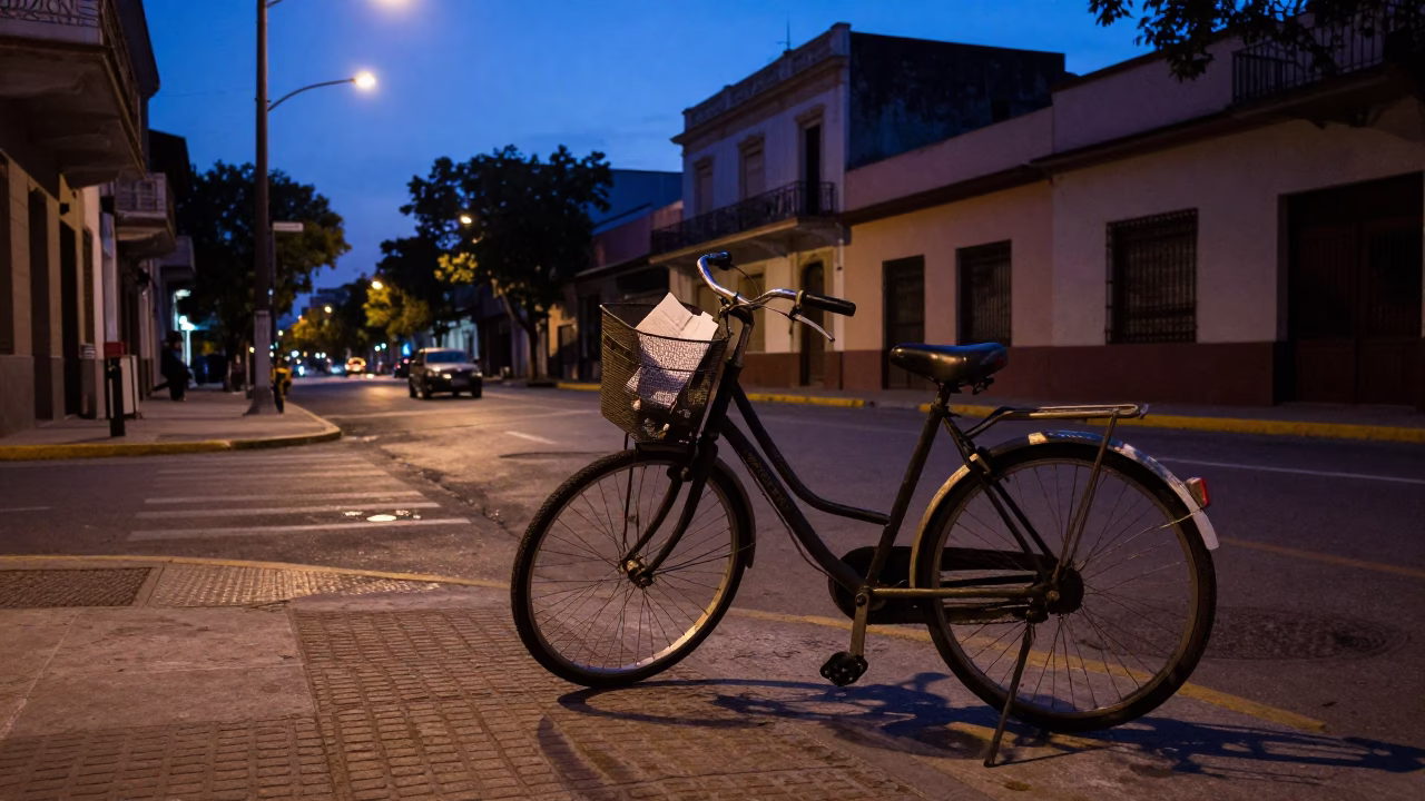 Buenos Aires indigo twilight street scene with bicycle basket and brass accents in in Buenos Aires, Argentina
