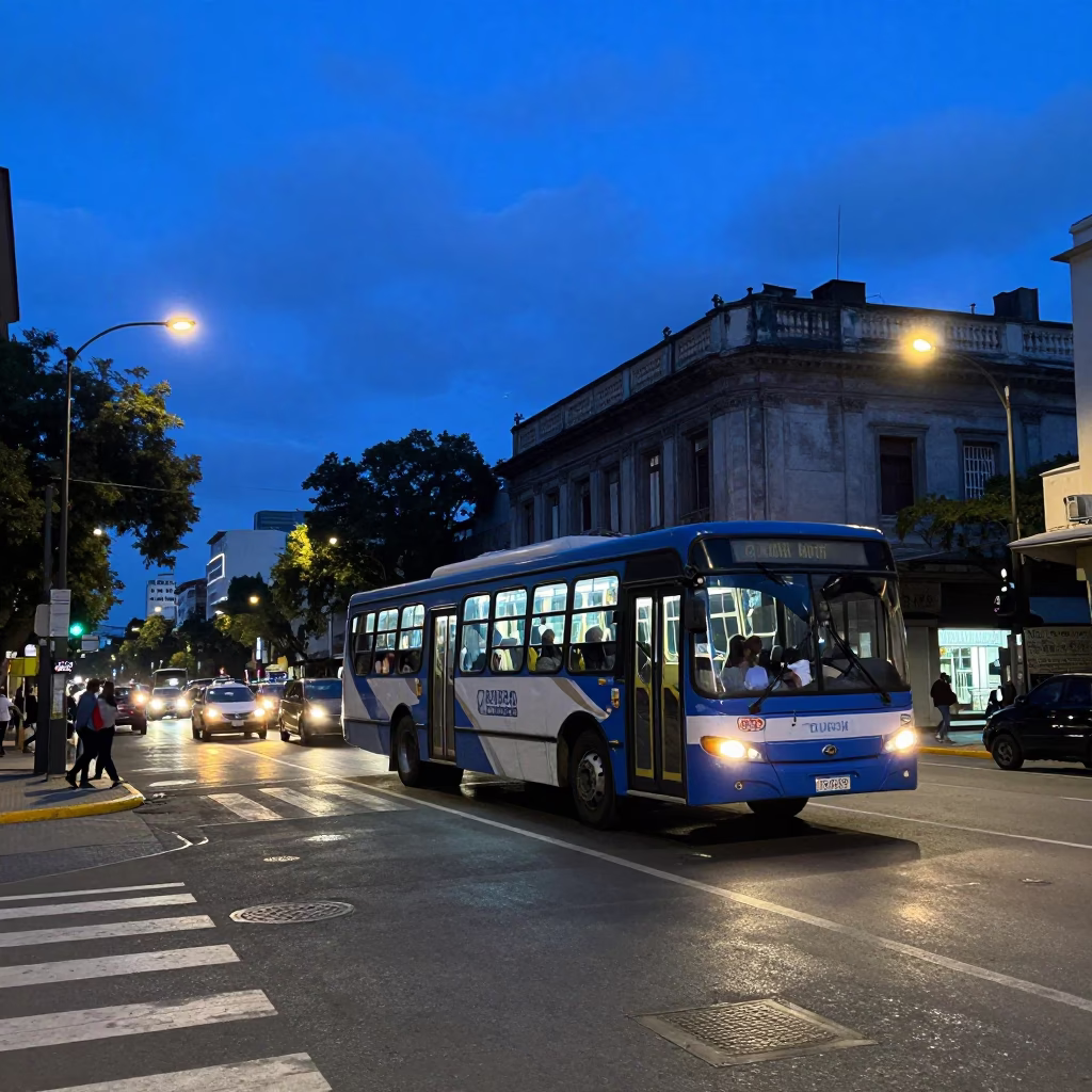 Buenos Aires Indigo Twilight Street Scene with Classic Bus and Urban Life in in Buenos Aires, Argentina