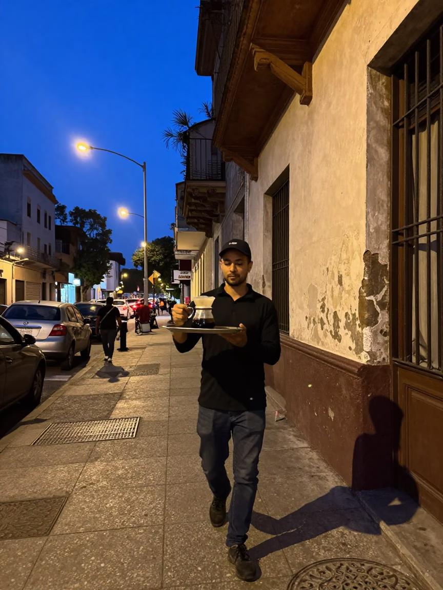 Buenos Aires indigo twilight street scene with coffee and weathered wicker in in Buenos Aires, Argentina
