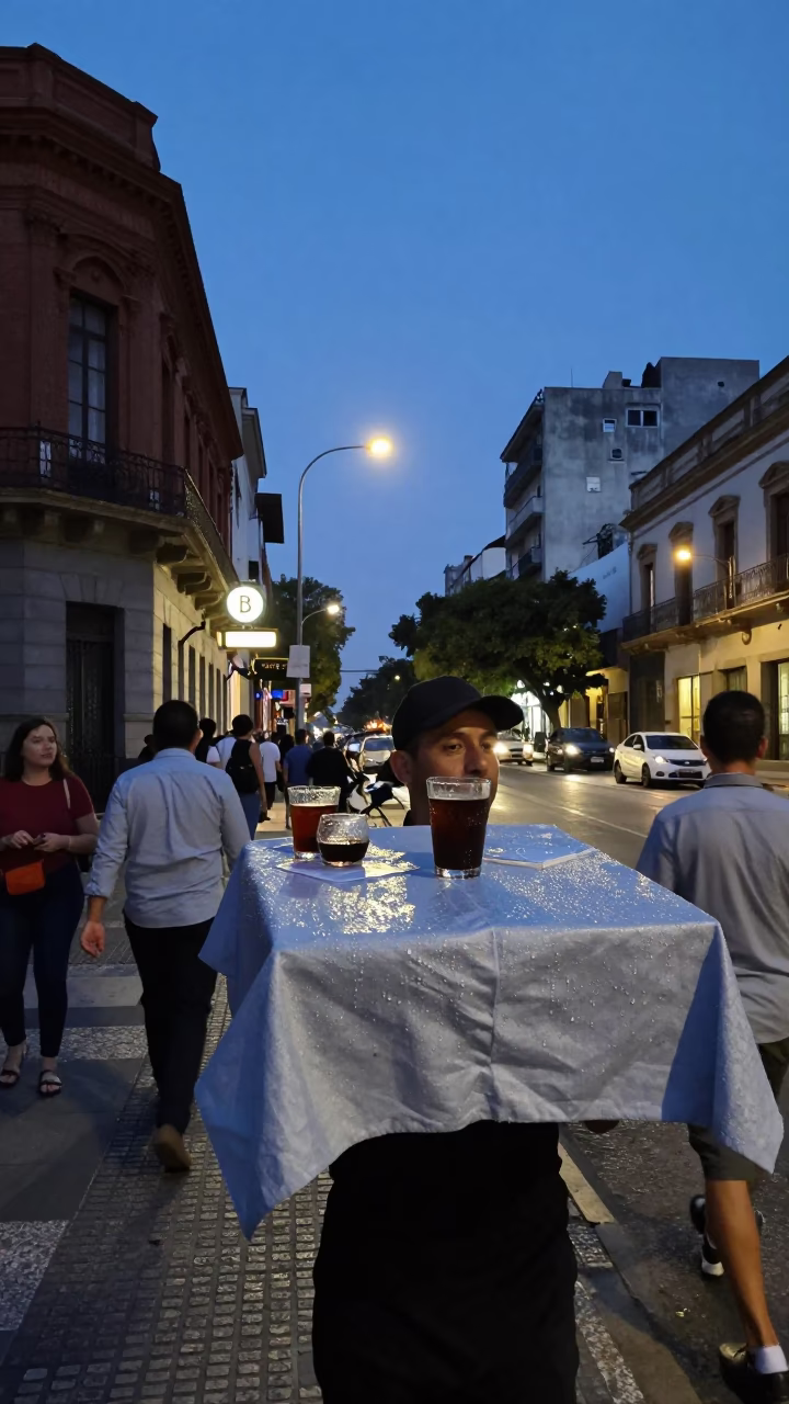 Buenos Aires indigo twilight street scene with condensation on linen runner and local interaction in in Buenos Aires, Argentina