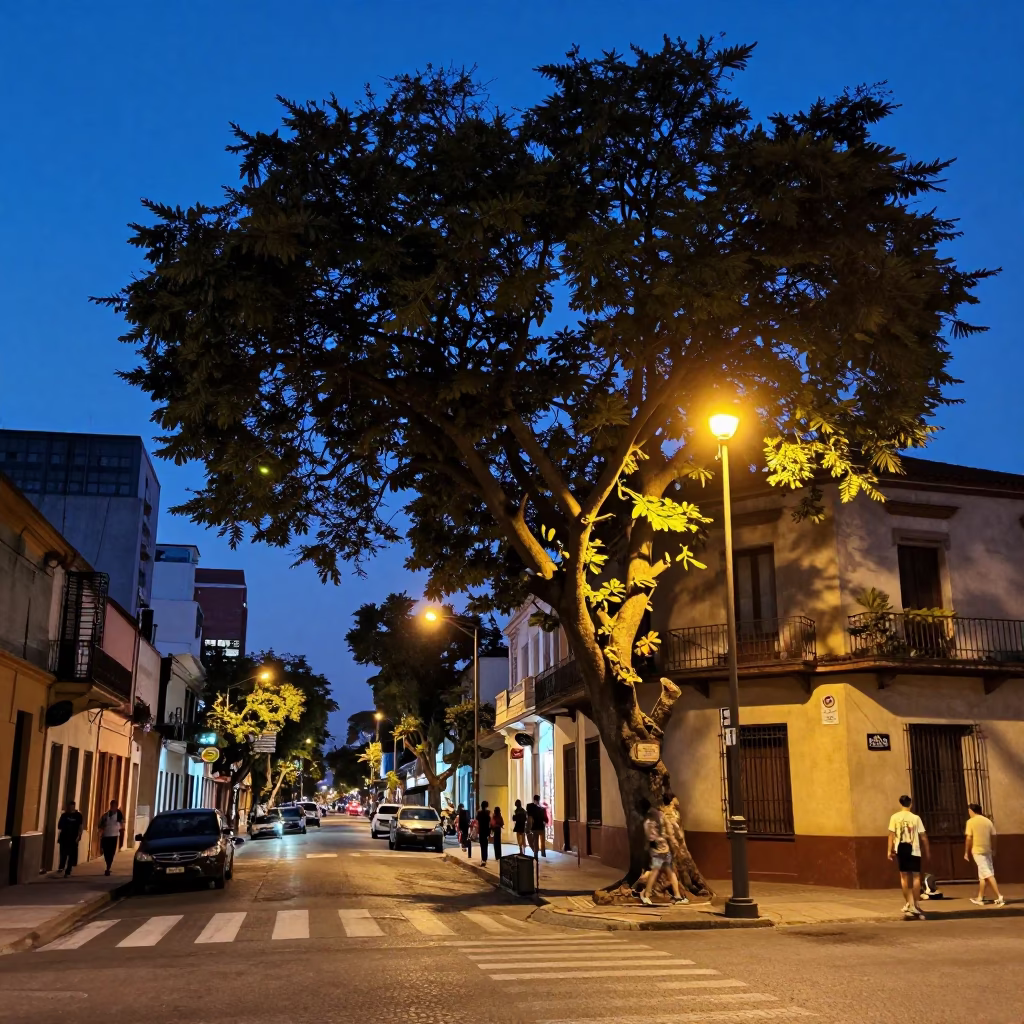 Buenos Aires Indigo Twilight Street Scene with Fig Tree and Glass Pitcher in in Buenos Aires, Argentina