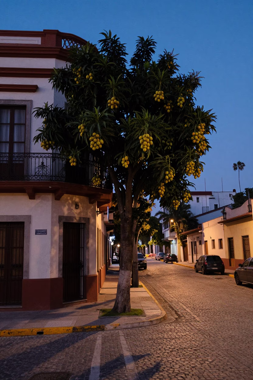 Buenos Aires indigo twilight street scene with mango tree and brass details in in Buenos Aires, Argentina